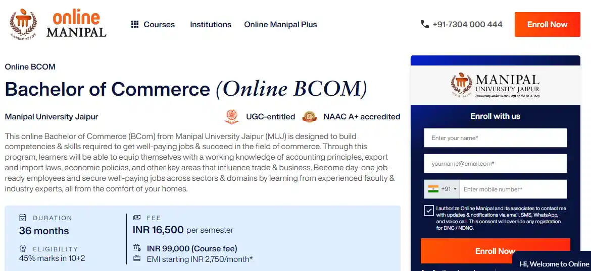 manipal online bcom