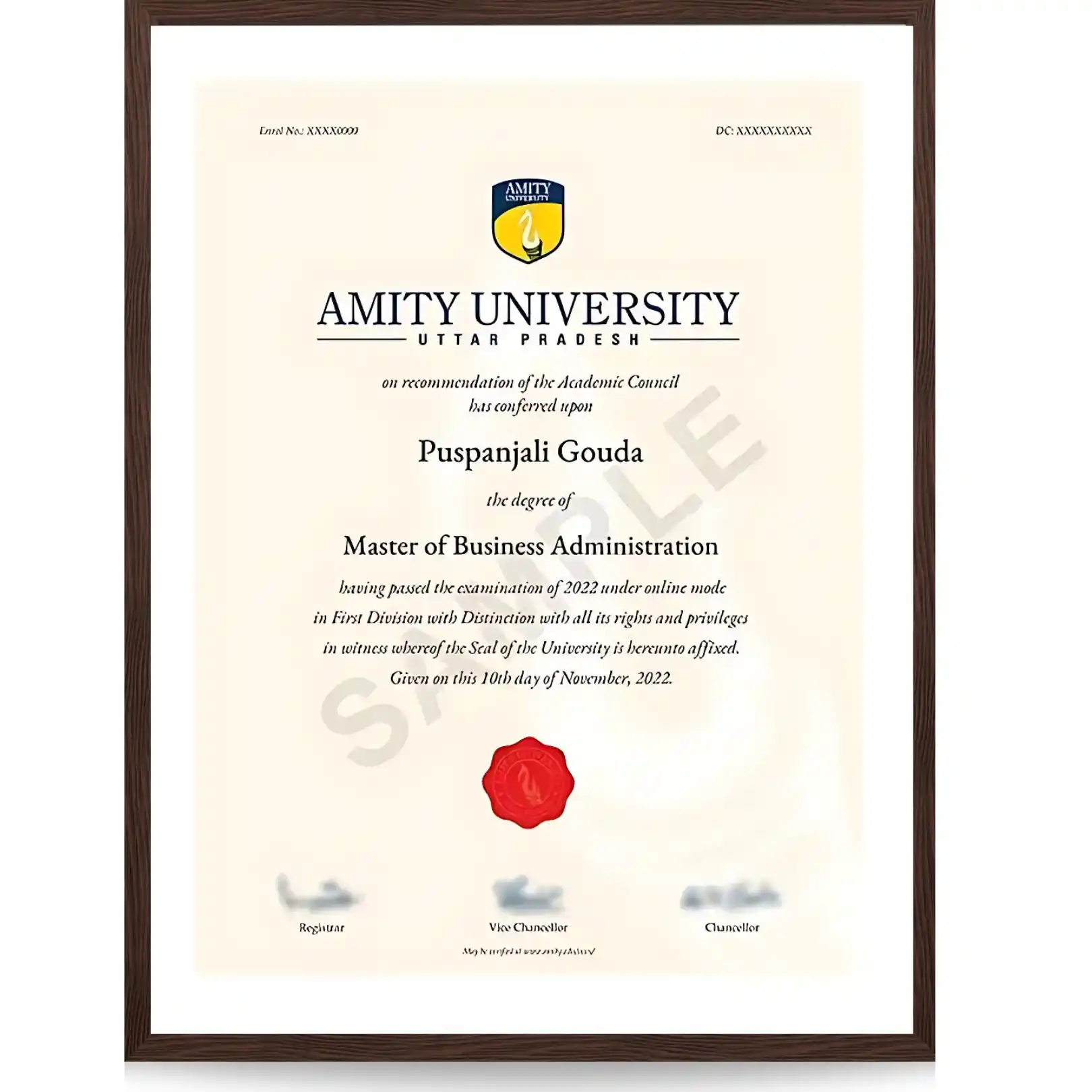 amity online mba degree sample